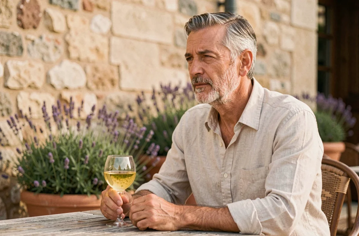 Homme d'âge mûr pensif tenant un verre de pastis en terrasse dans le sud de la France