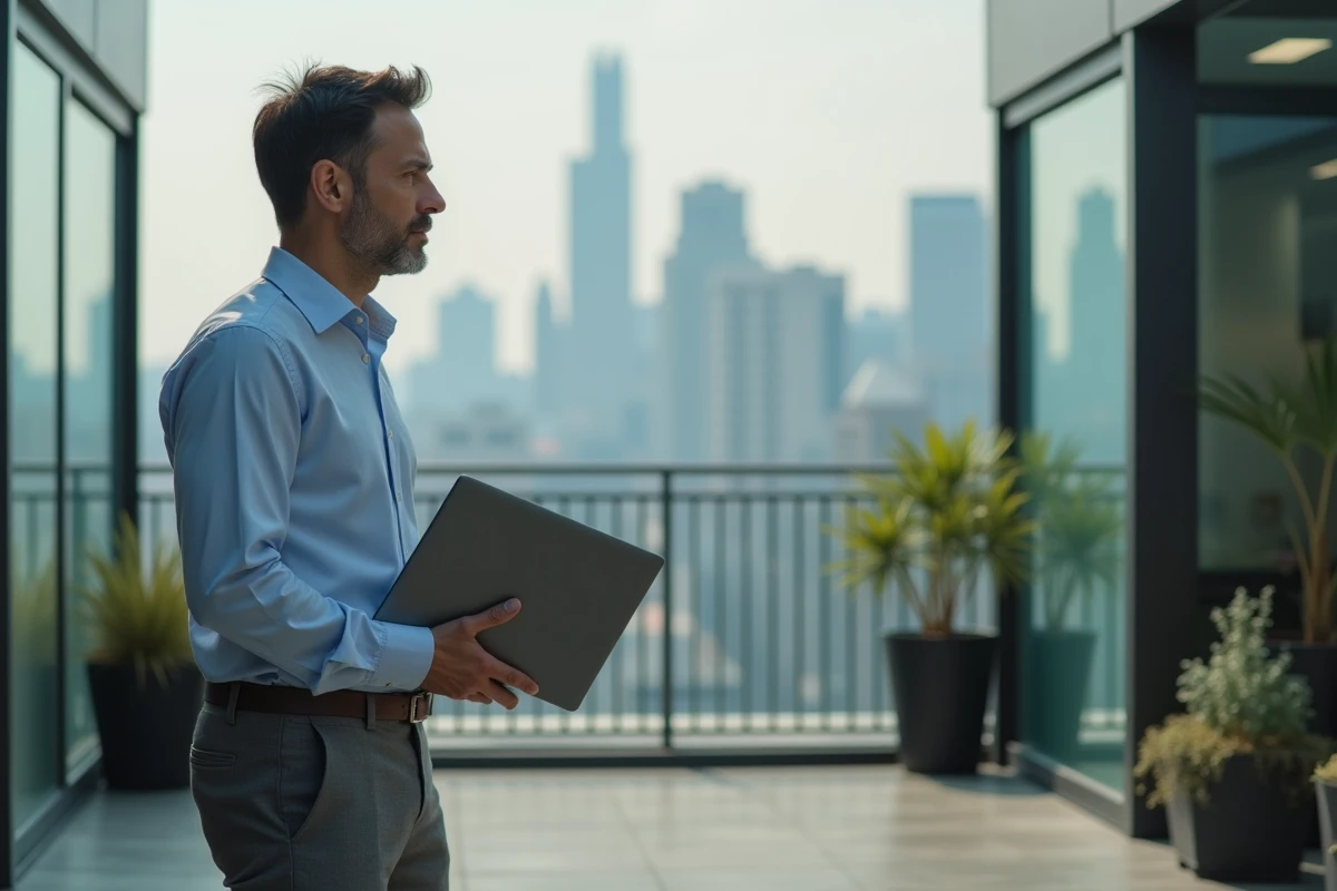 Homme regardant la ville depuis une terrasse urbaine