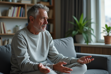 Homme d'&acirc;ge moyen en d&eacute;tente dans un salon minimaliste