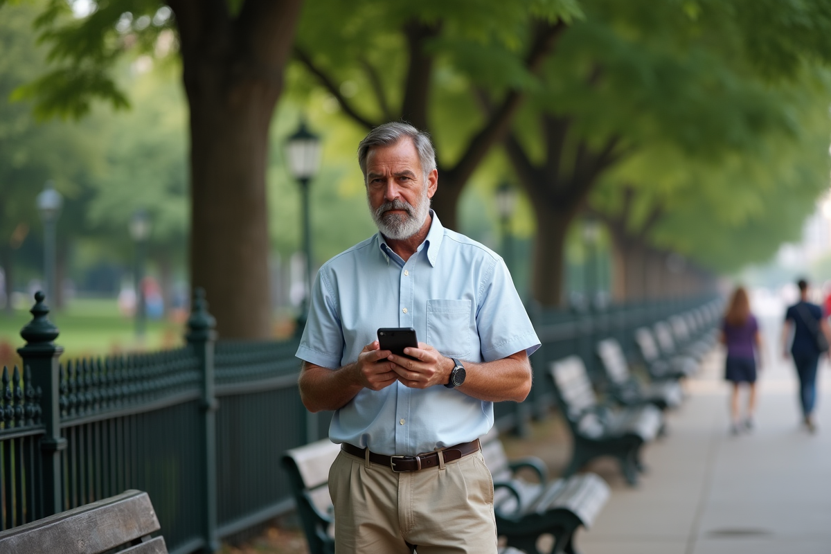 Homme pensif tenant son téléphone dans un parc urbain