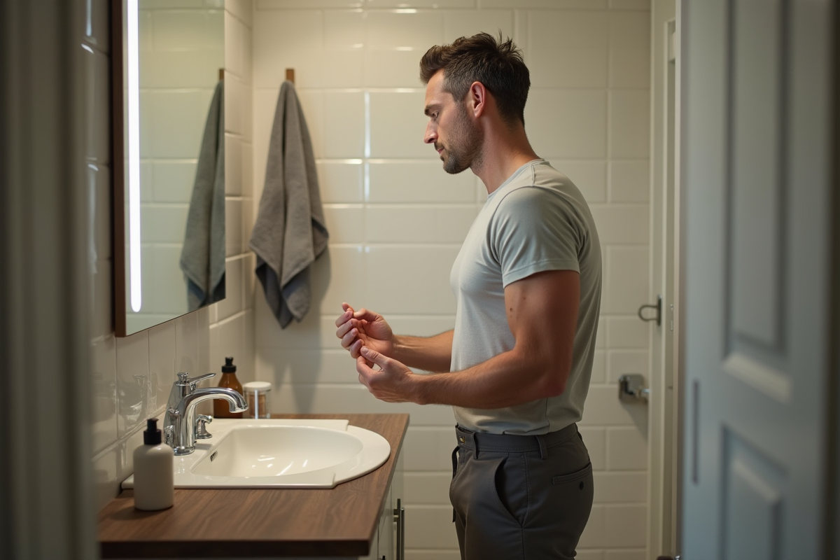 Homme vérifiant sa peau dans sa salle de bain