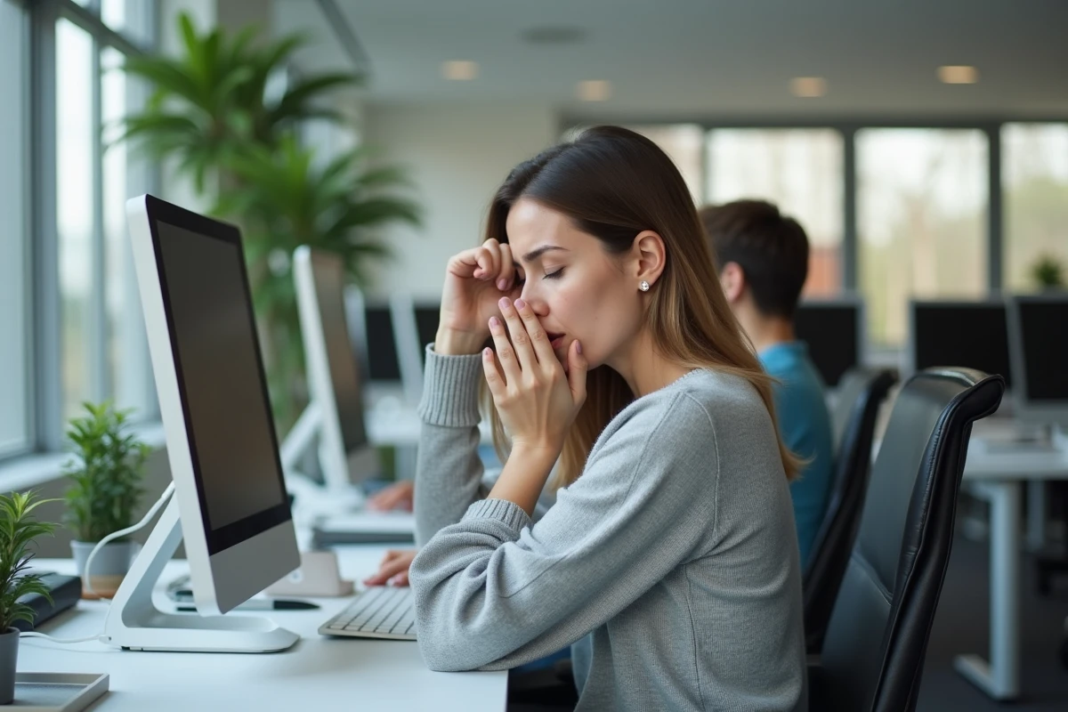 Femme qui éternue au bureau pendant la période d'incubation de la grippe, risque de contamination entre collègues