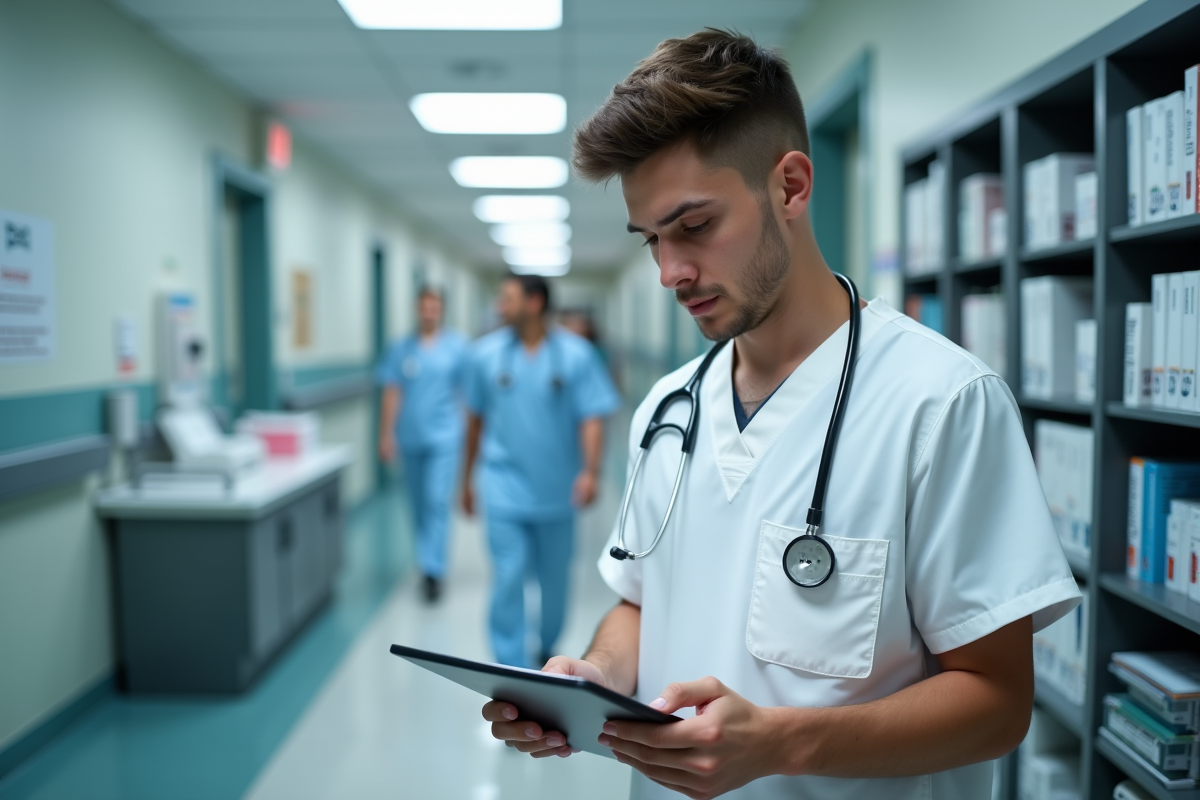 Jeune infirmier en blouse blanche consultat un dossier médical numérique