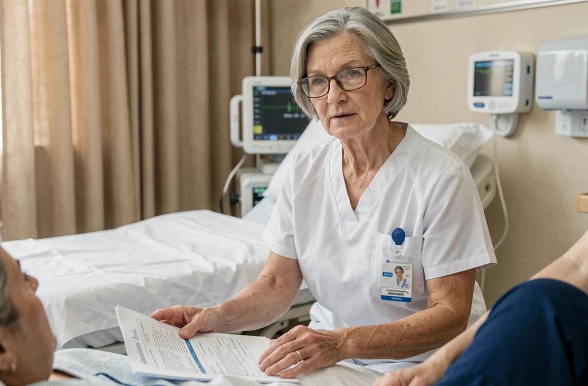 Infirmière expérimentée expliquant un protocole de soins à un patient dans une chambre d'hôpital avec empathie et expertise