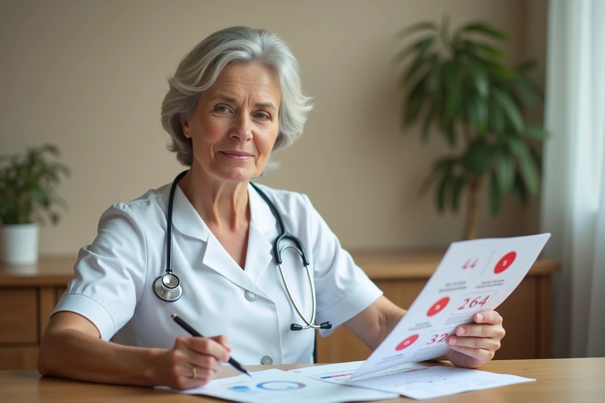 Infirmière expliquant le volume sanguin du corps humain lors d'une consultation médicale