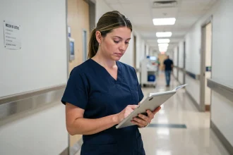 Infirmière qualité en blouse marine consultant un dossier patient sur tablette dans un couloir hospitalier moderne