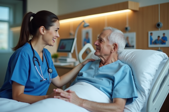 Infirmière en blouse bleue parlant avec un patient âgé