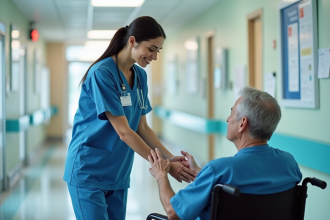 Infirmière rassurante avec patient âgé dans couloir d'hôpital