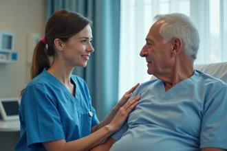 Infirmière en blouse bleue réconforte un patient âgé