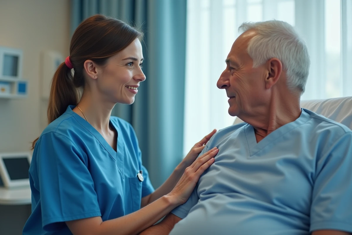 Infirmière en blouse bleue réconforte un patient âgé