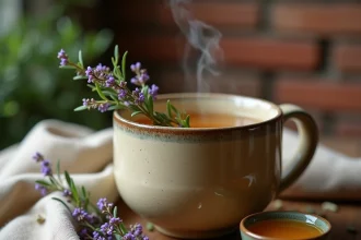 Infusion de thym dorée dans une tasse en céramique rustique avec des brins de thym frais posés sur le bord