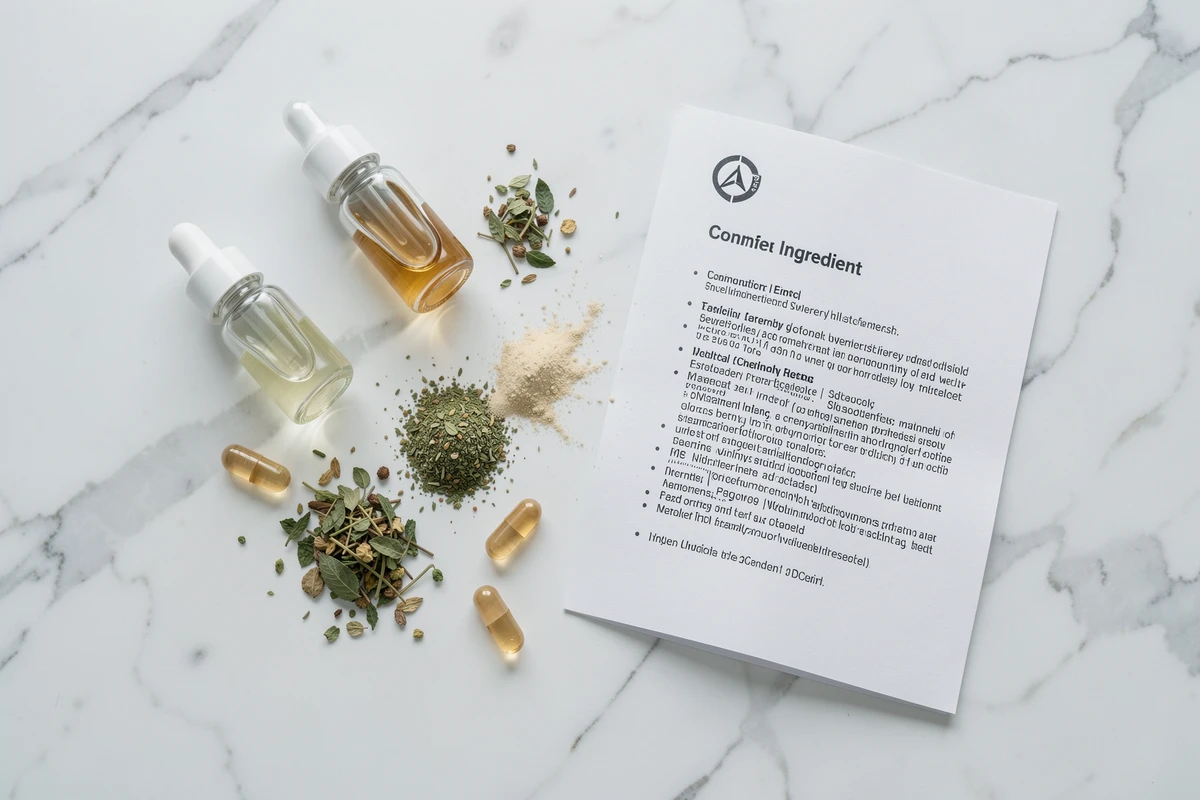 Ingrédients actifs de soins cosmétiques disposés en flat-lay sur marbre blanc pour analyse pharmaceutique
