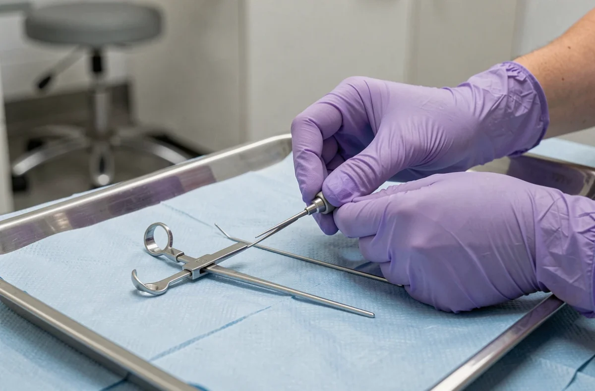 Gros plan sur des mains gantées d'un professionnel de santé tenant des instruments médicaux pour un retrait sécurisé de stérilet