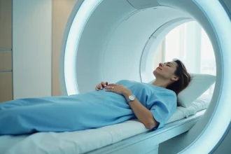 Femme allongée dans un IRM ouvert lors d'un examen médical, expression sereine malgré la claustrophobie