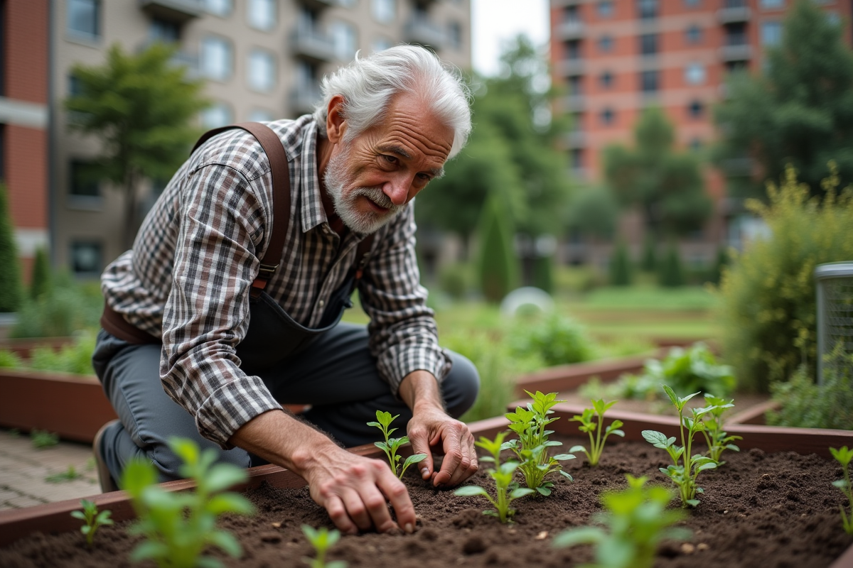 Homme âgé plantant des jeunes légumes dans un jardin urbain