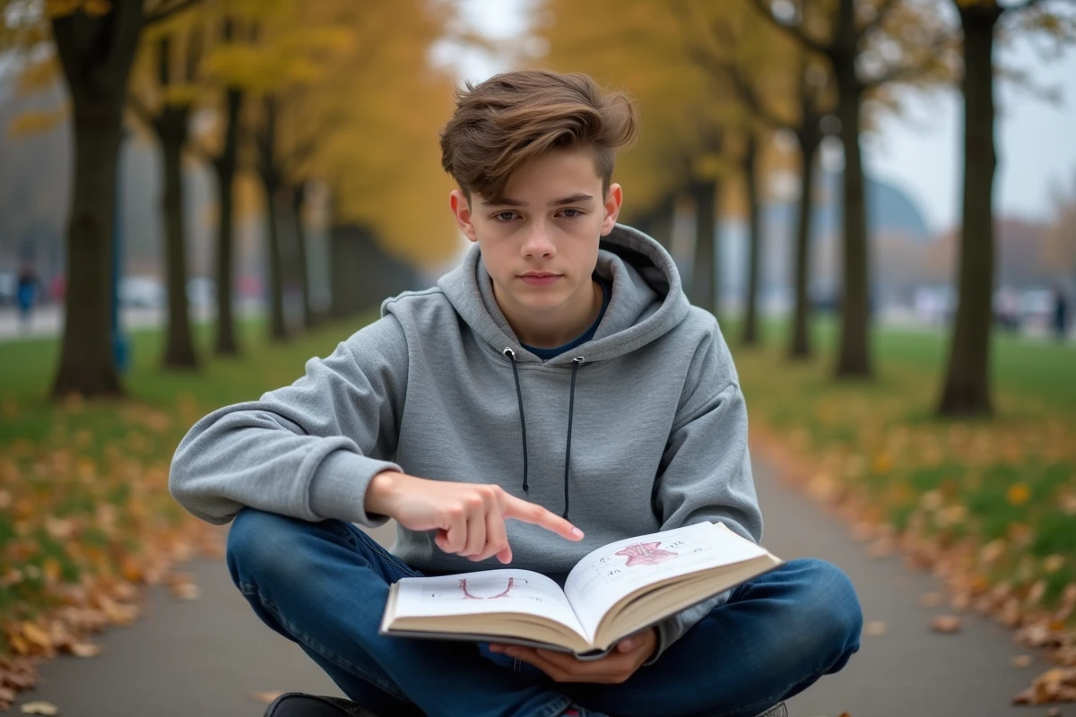 Adolescent lisant un livre de fran&ccedil;ais en plein air