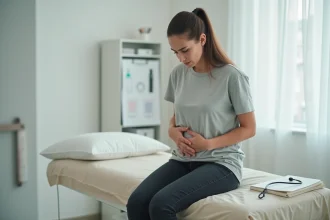 Jeune femme assise sur une table d'examen médical, les mains sur le bas-ventre, expression de douleur abdominale liée à un kyste ovarien