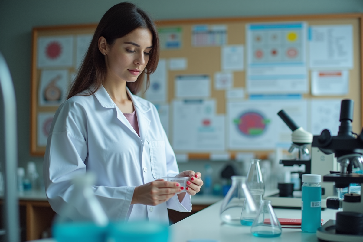 Jeune femme scientifique examinant un petri dans un laboratoire