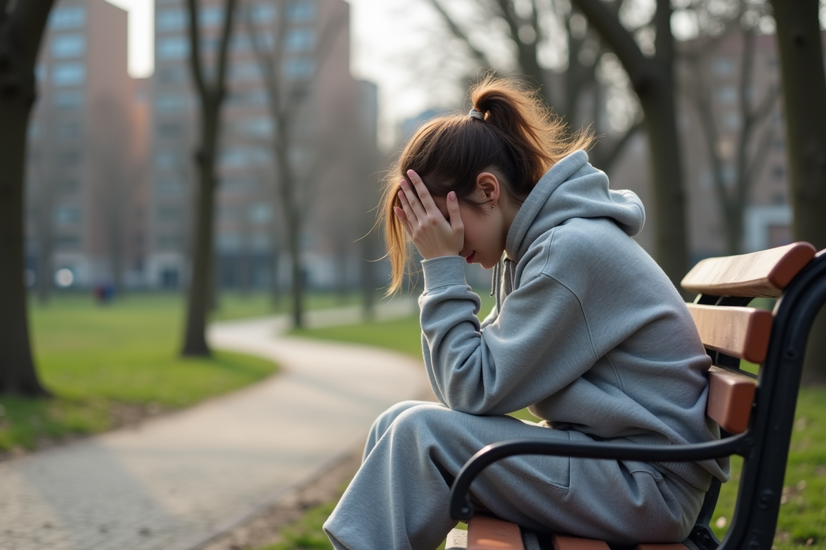Jeune femme fatiguée assise sur un banc de parc