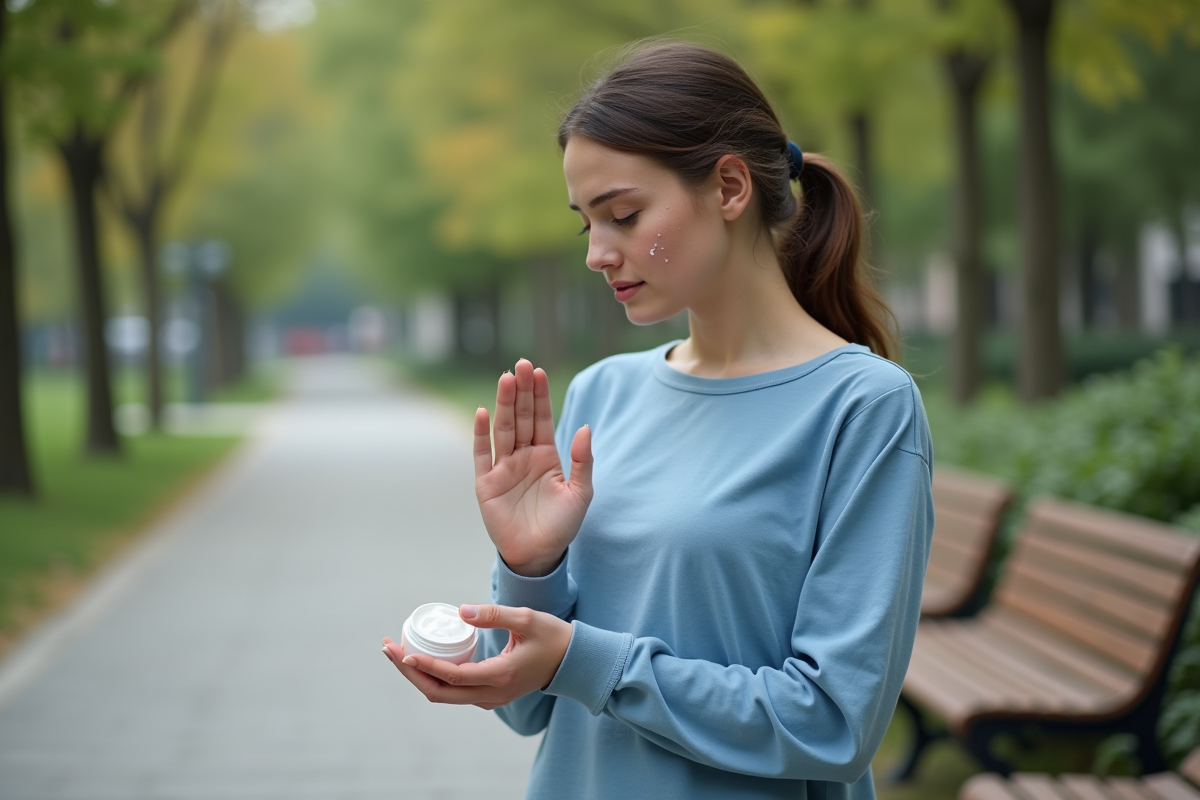Jeune femme appliquant une creme sur ses mains dans un parc urbain