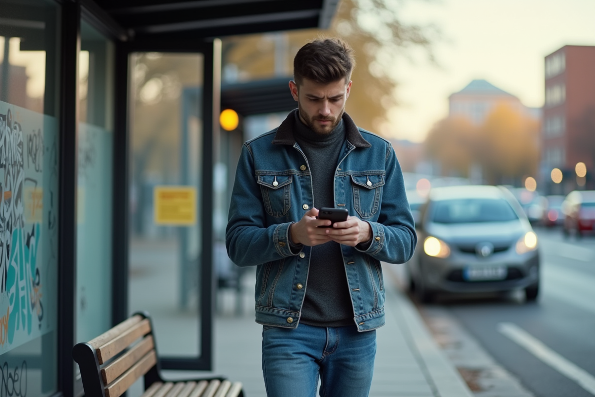 Jeune homme au arrêt de bus regardant son téléphone