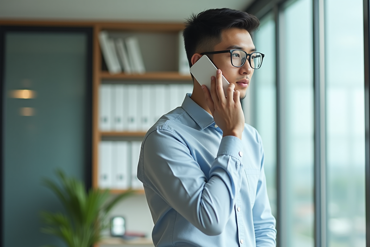 Jeune homme professionnel au bureau avec smartphone