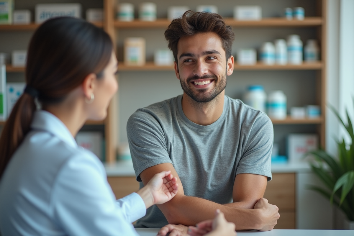Jeune homme en consultation dans une pharmacie avec un professionnel