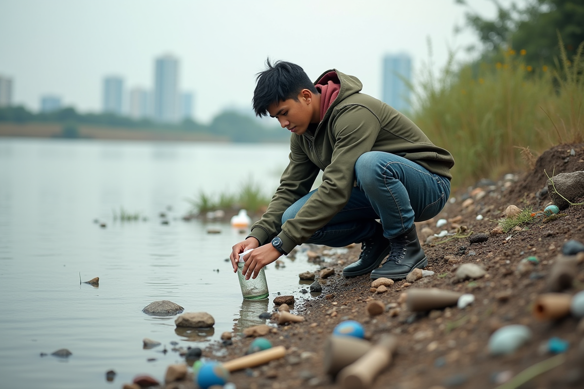 Jeune homme recueillant un echantillon d eau polluee