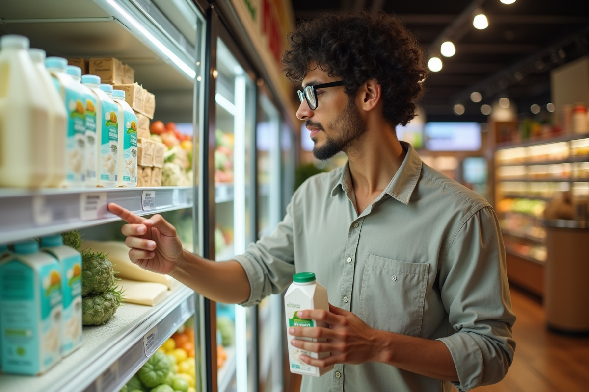 Jeune homme achetant des produits bio en épicerie
