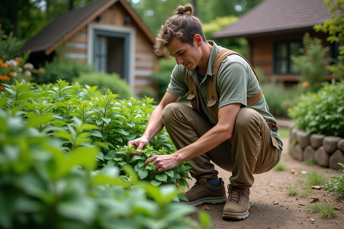 Jeune homme récoltant des feuilles de citronnelle dans un jardin