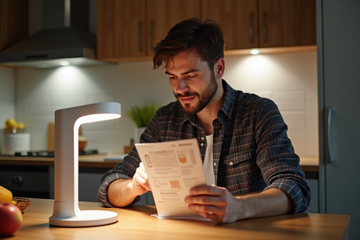Jeune homme réglant une lampe de luminotherapie dans la cuisine