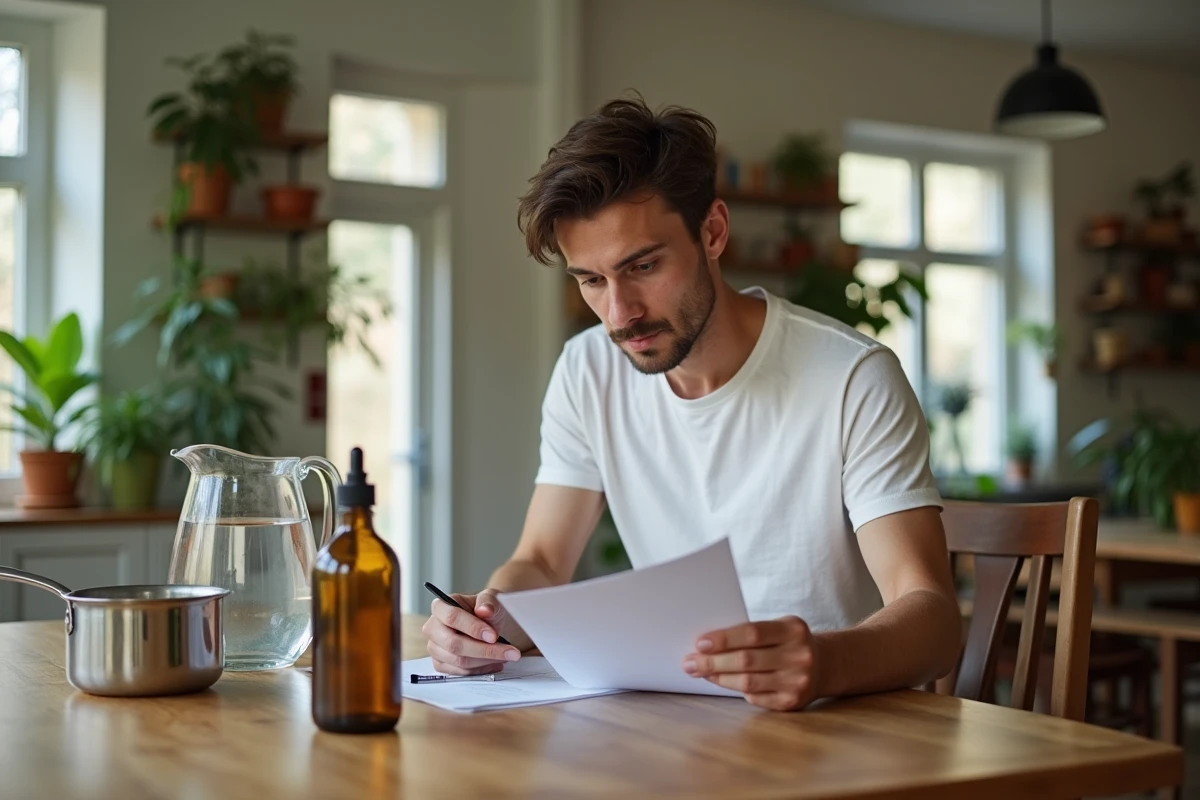 Jeune homme lit des instructions &agrave; la table avec pichet d