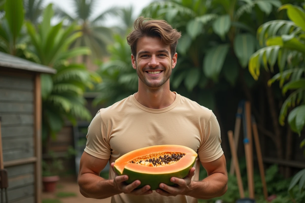 Jeune homme dégustant des morceaux de papaya dans le jardin