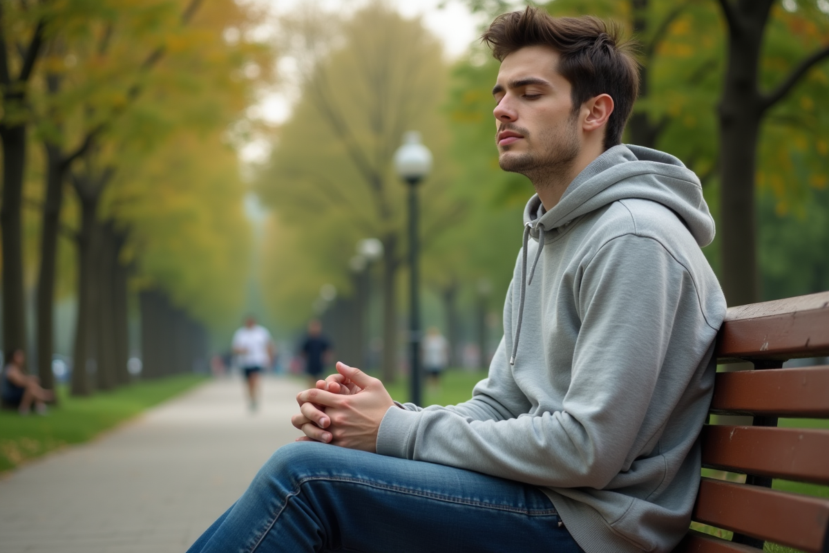 Jeune homme relaxant sur un banc dans un parc urbain