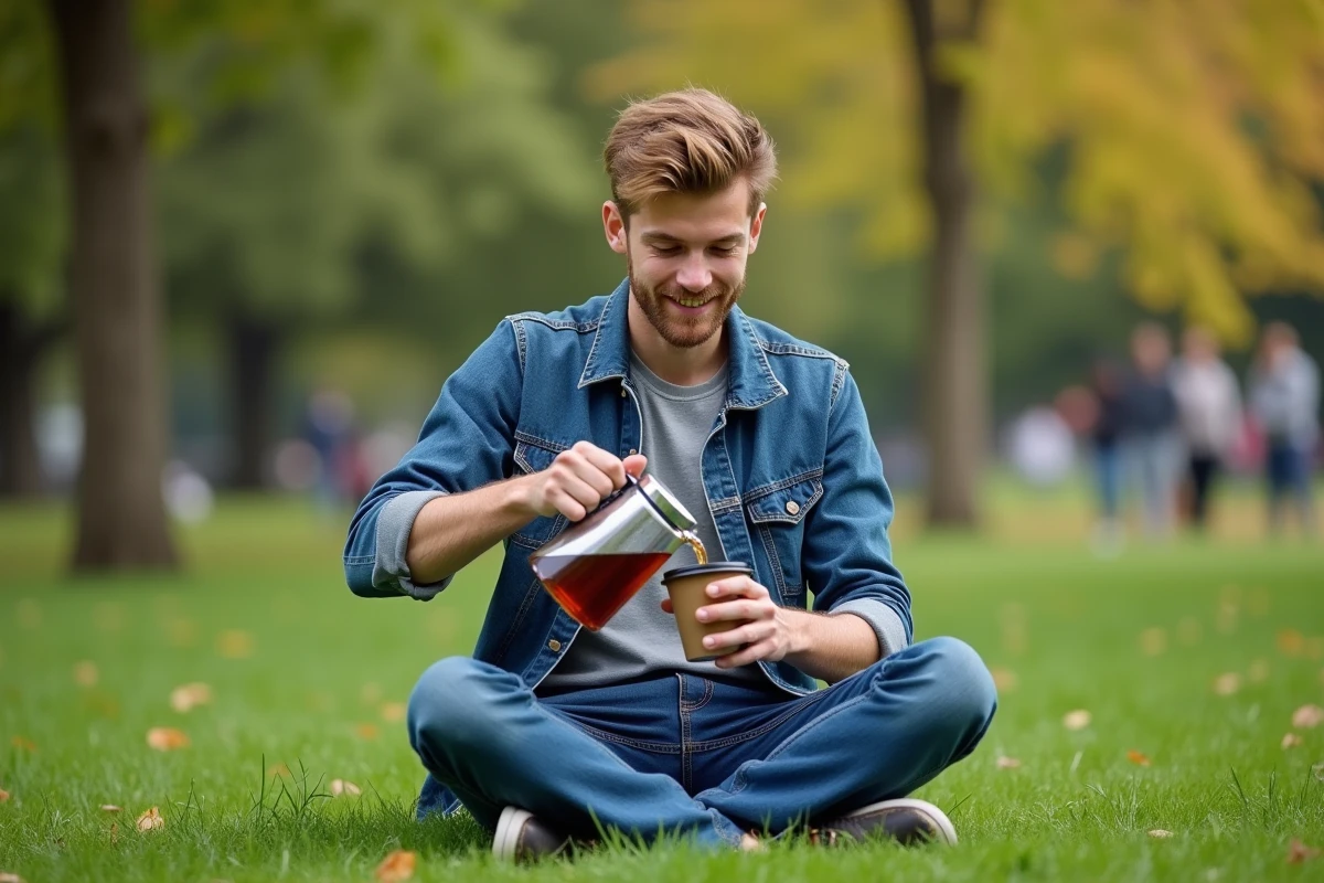 Jeune homme versant du rooibos dans un parc en plein air