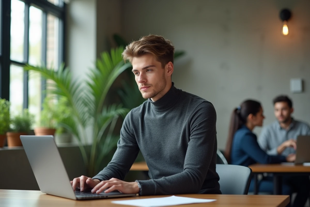 Jeune homme ajustant sa posture de travail en coworking