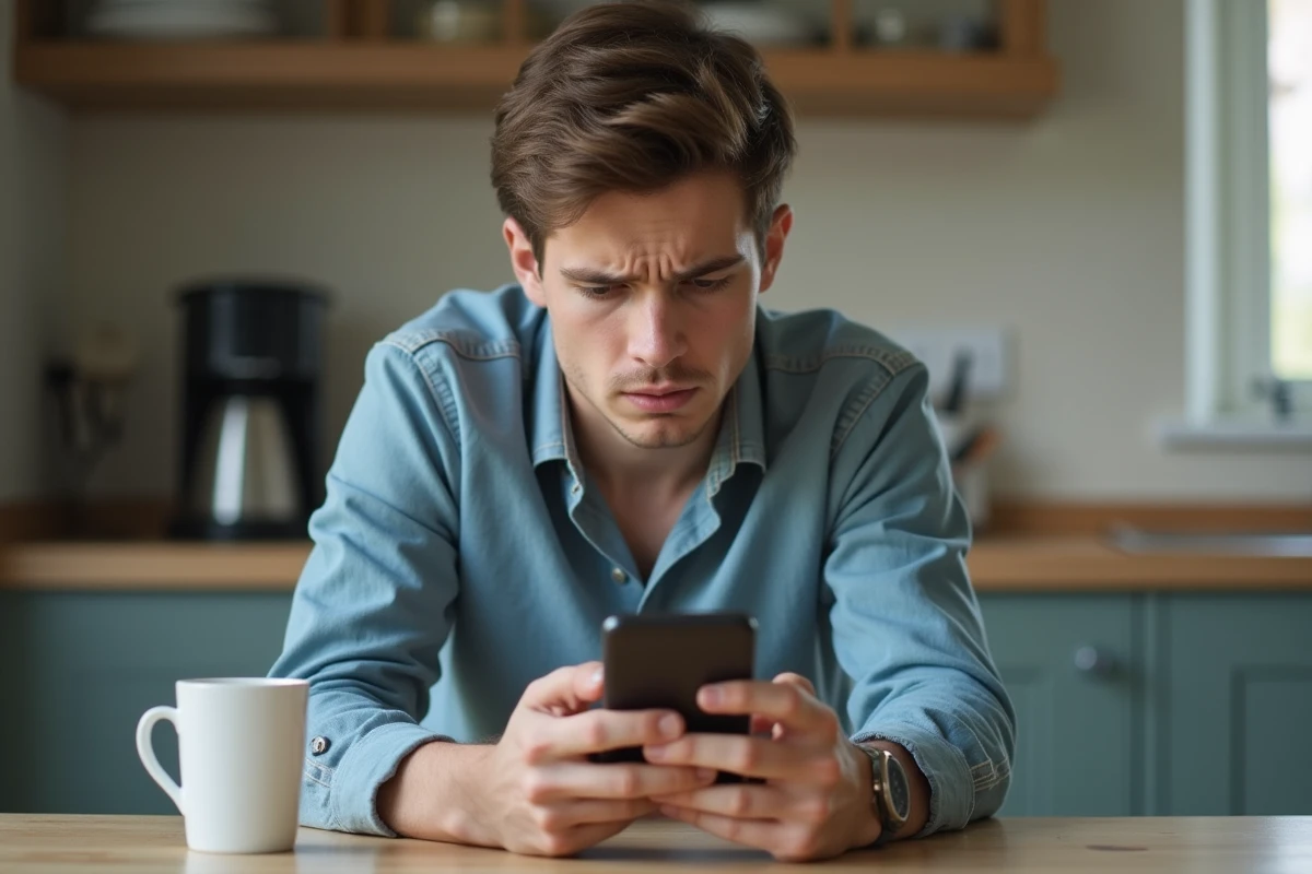 Jeune homme regardant ses r&eacute;sultats de laboratoire sur son t&eacute;l&eacute;phone