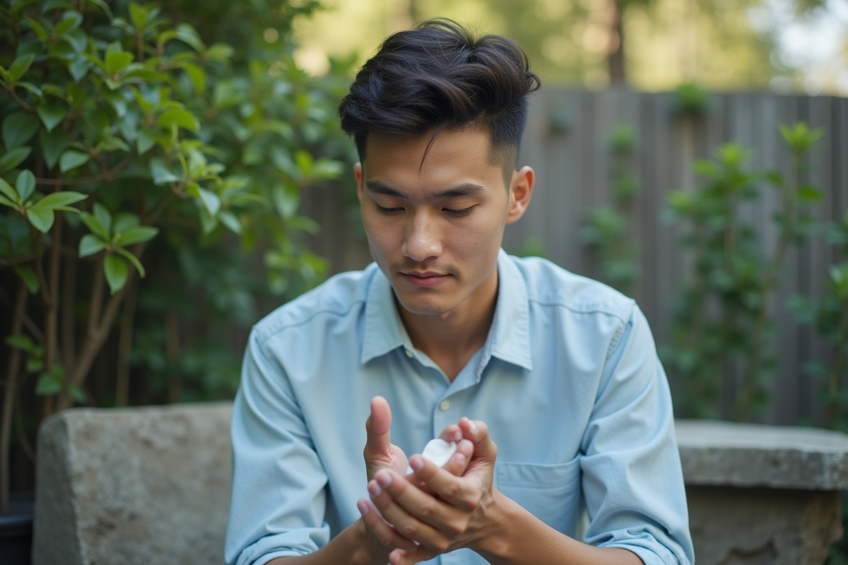 Jeune homme appliquant une creme dans un jardin paisible