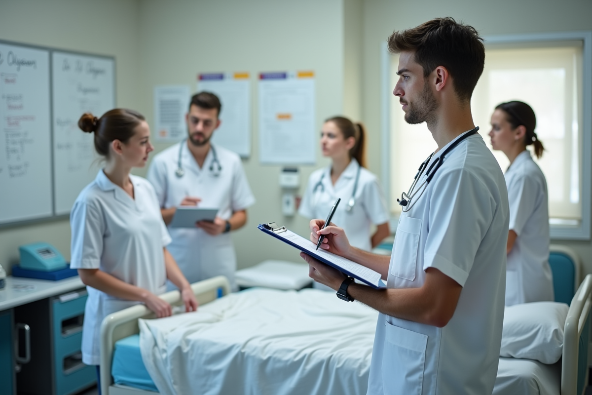 Jeune étudiant infirmier prenant des notes en formation