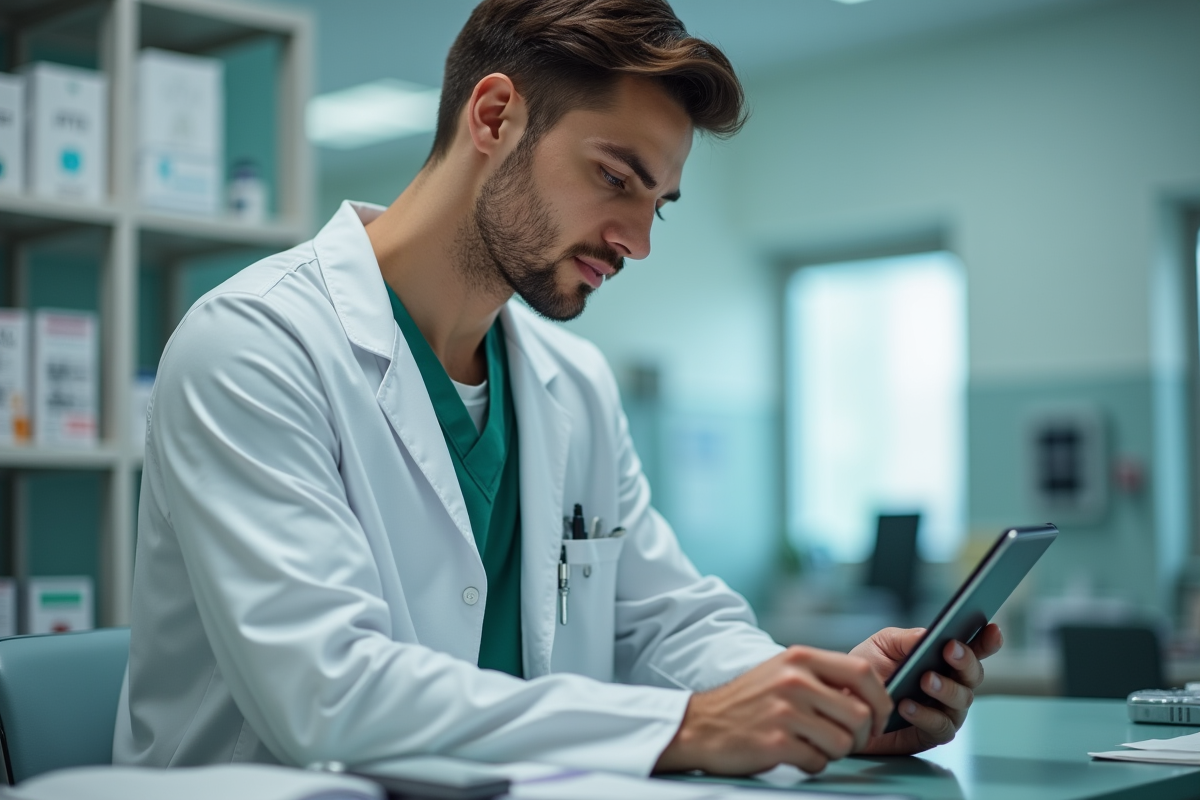 Jeune infirmier mettant à jour un dossier sur tablette