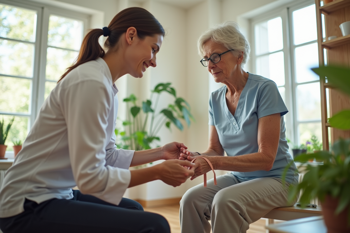 Jeune kinésithérapeute guidant un exercice de mains à une femme âgée