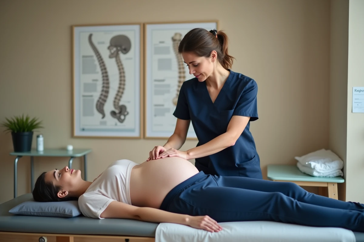 Physiothérapeute effectuant un soin ostéopathique sur une femme enceinte souffrant du coccyx en cabinet médical