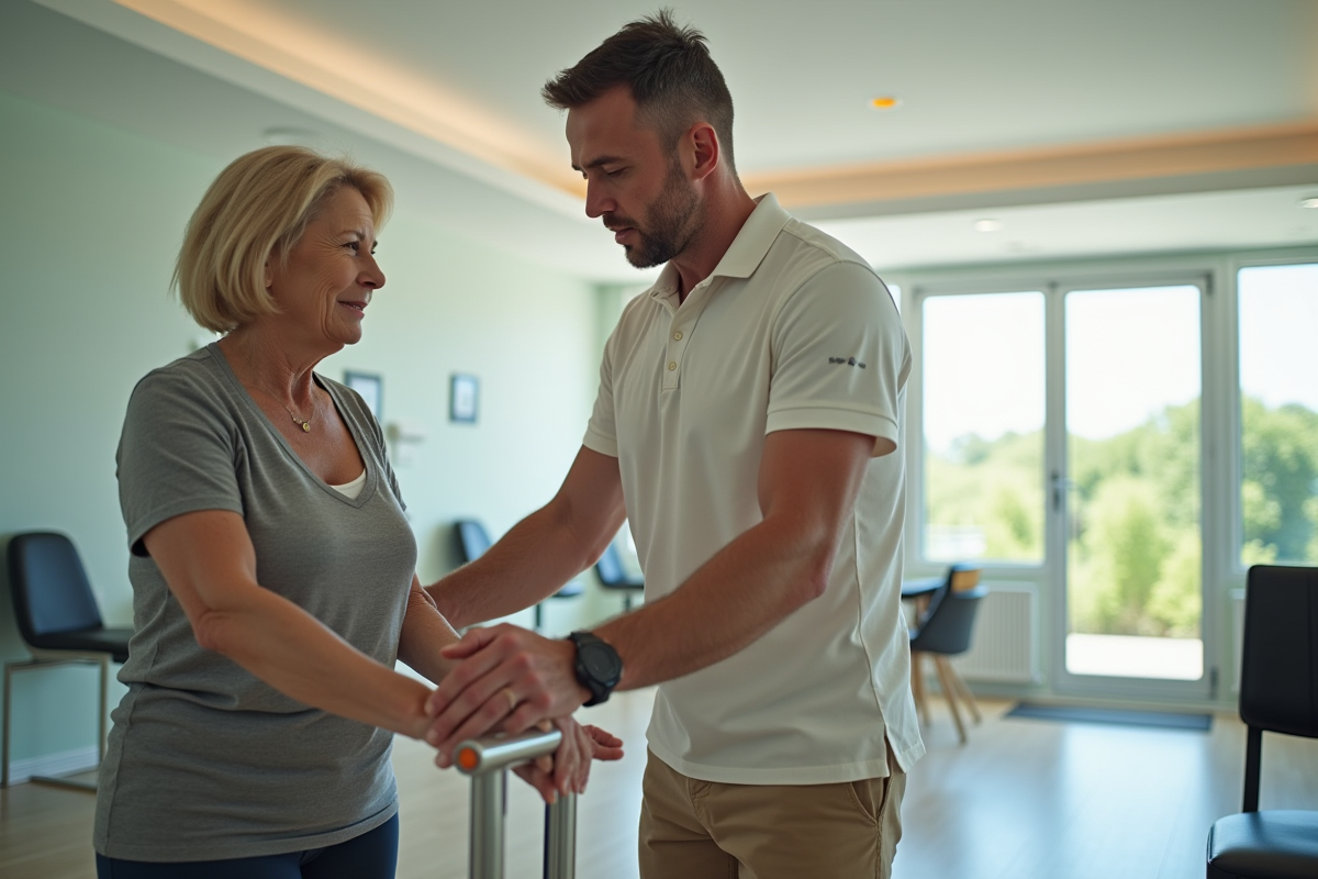 Kinésithérapeute aidant une femme à faire un exercice de mobilité