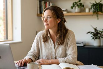 Femme portant des lunettes adaptées au travail sur ordinateur dans un bureau à domicile moderne et lumineux