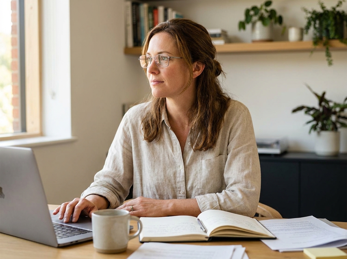 Femme portant des lunettes adaptées au travail sur ordinateur dans un bureau à domicile moderne et lumineux