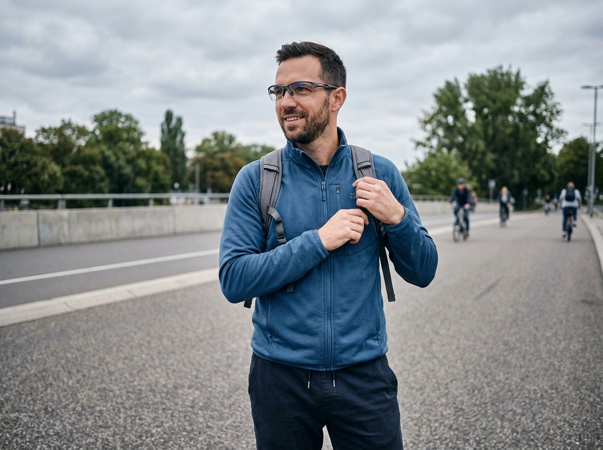 Homme actif portant des lunettes sport légères lors d'une pause vélo en milieu urbain