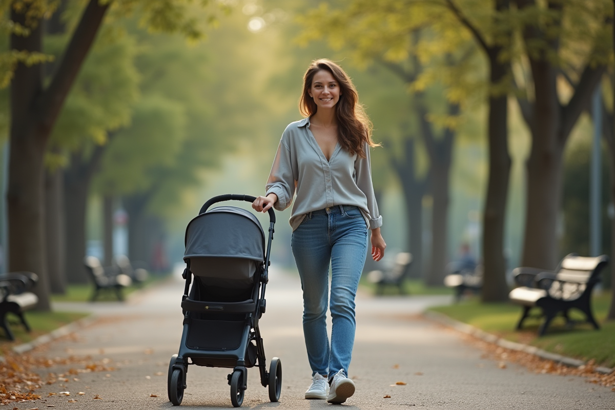 Jeune maman se promenant dans un parc urbain avec sa poussette