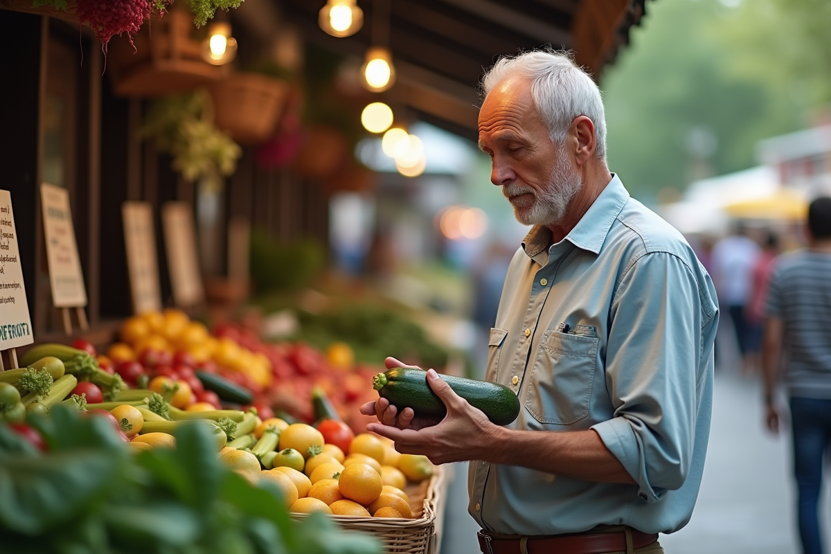 Homme senior examine un zucchini dans un marché en plein air