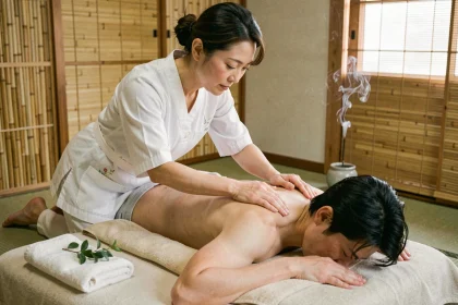 Masseuse japonaise pratiquant le Shiatsu sur un client allongé dans un salon de massage authentique au Japon