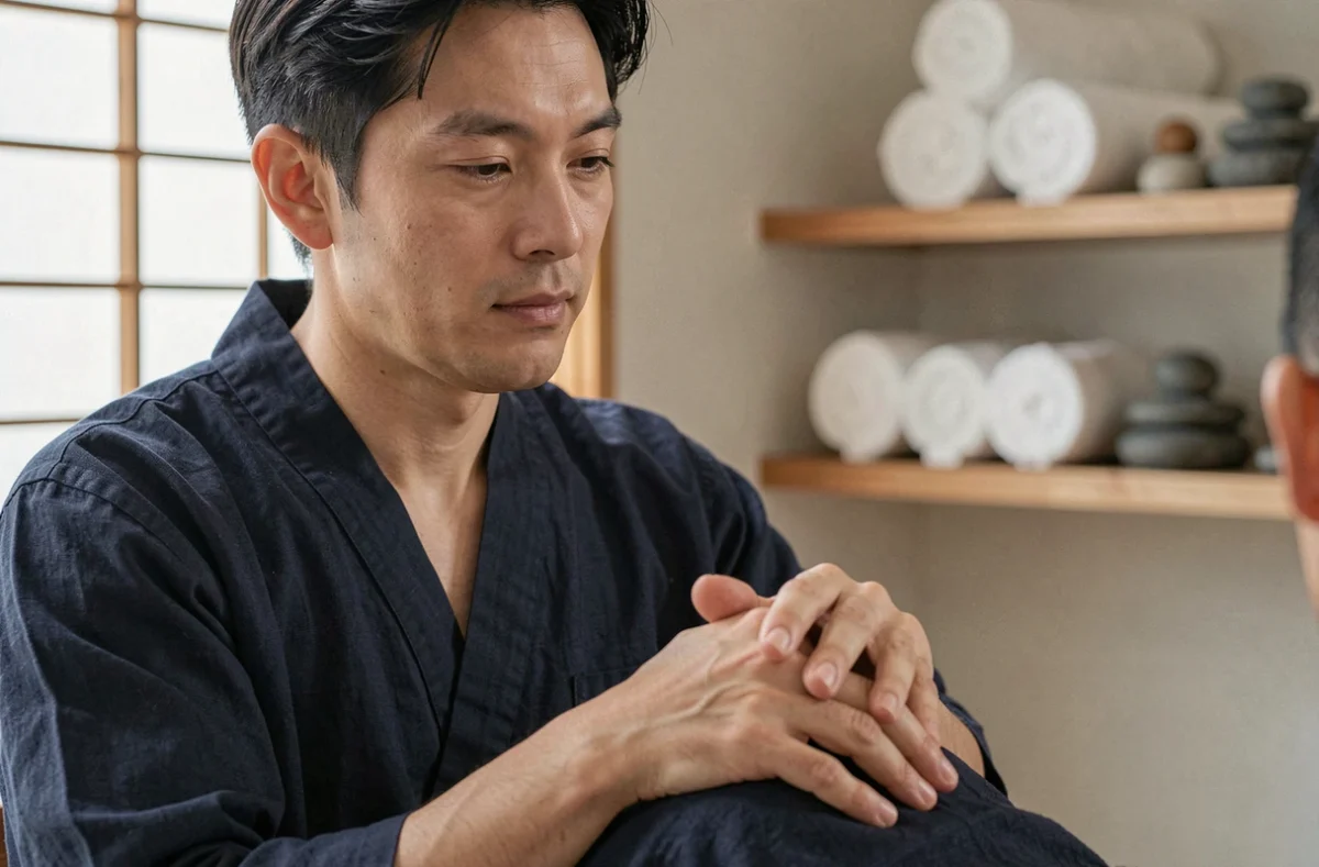 Masseur japonais expert pratiquant la technique Anma sur l'épaule d'un client dans un salon de massage professionnel